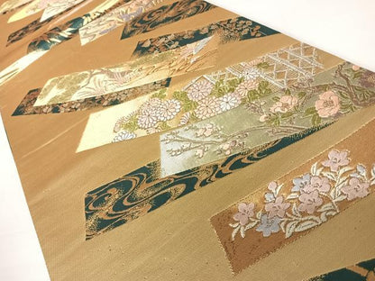 平和屋着物◎六通柄袋帯　唐織　短冊花文　金銀糸　正絹　逸品　AABC2447yx