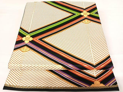 平和屋着物◎六通柄袋帯 唐織 松 黒地 金糸 正絹 逸品 AABC2454yx