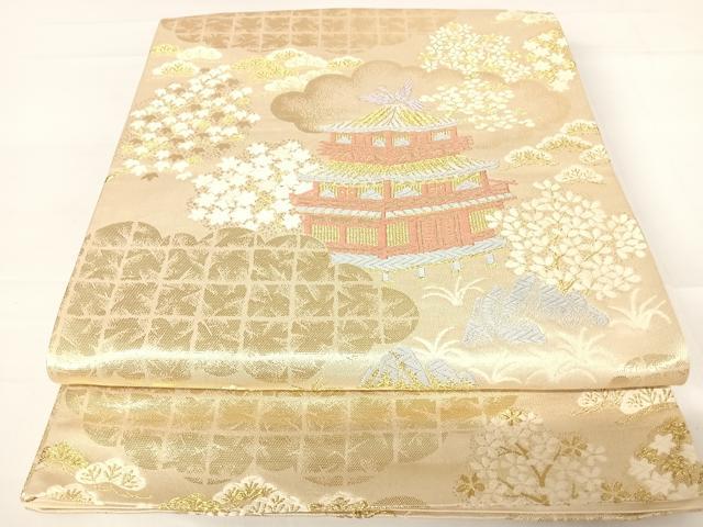 平和屋着物◎六通柄袋帯 唐織 風景文 金糸 正絹 逸品 AABC2469yx