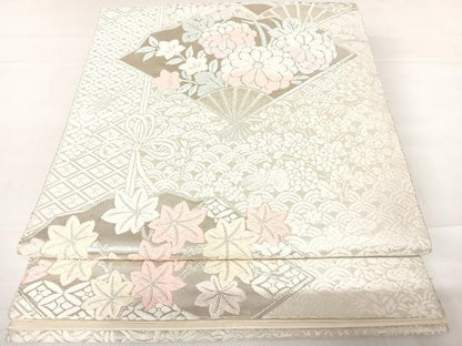 平和屋着物◎六通柄袋帯 唐織 扇面花文 銀糸 正絹 逸品 AABC2486yx