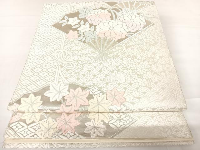 平和屋着物◎六通柄袋帯 唐織 扇面花文 銀糸 正絹 逸品 AABC2486yx