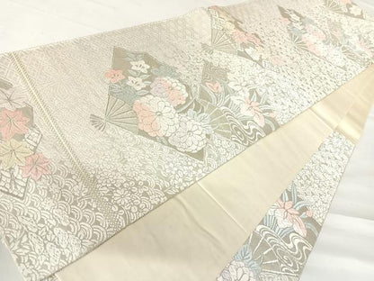 平和屋着物◎六通柄袋帯 唐織 扇面花文 銀糸 正絹 逸品 AABC2486yx