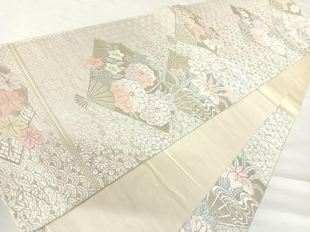 平和屋着物◎六通柄袋帯 唐織 扇面花文 銀糸 正絹 逸品 AABC2486yx