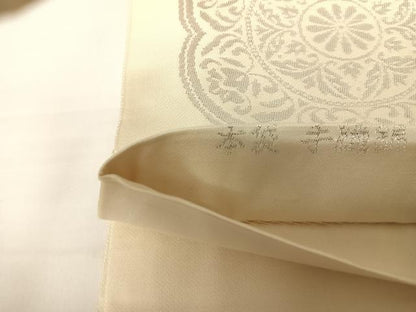 平和屋着物◎六通柄 本袋帯 手織錦 鏡裏花文 純銀箔100％ 正絹 逸品 AABC2487yx