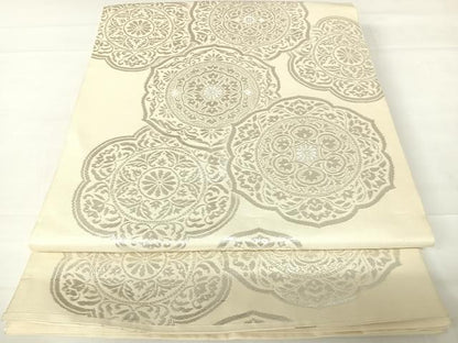 平和屋着物◎六通柄 本袋帯 手織錦 鏡裏花文 純銀箔100％ 正絹 逸品 AABC2487yx