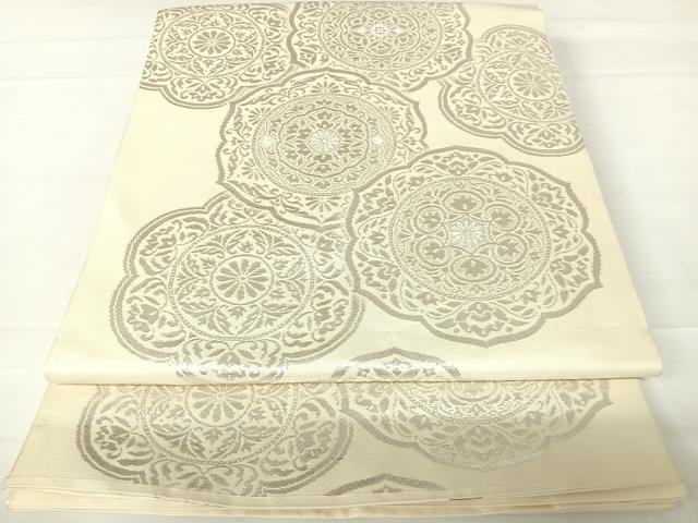 平和屋着物◎六通柄 本袋帯 手織錦 鏡裏花文 純銀箔100％ 正絹 逸品 AABC2487yx