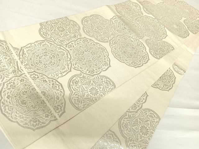 平和屋着物◎六通柄 本袋帯 手織錦 鏡裏花文 純銀箔100％ 正絹 逸品 AABC2487yx