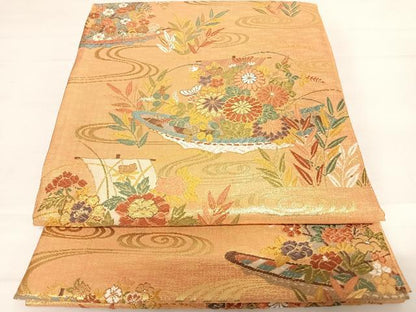 平和屋着物◎六通柄袋帯　唐織　花筏　金糸　正絹　逸品　AABC2495yx
