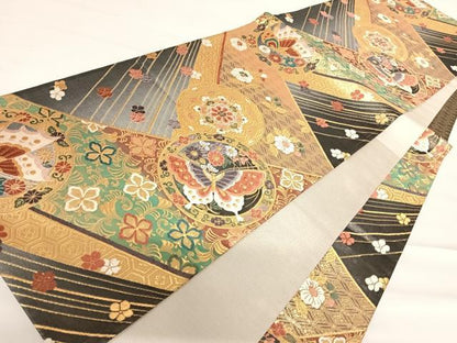 平和屋着物◎六通柄袋帯 唐織 万葉集 金糸 正絹 逸品 AABC2515yx