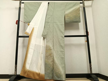 平和屋着物●訪問着　紬地　霞文　暈し染め　金銀彩　やまと誂製　正絹　逸品　AABC2600ph