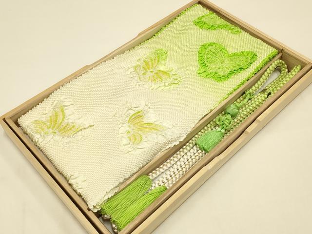 平和屋本店●和装小物　帯締め・帯揚げセット　振袖用　総絞り　舞蝶文　暈し染め　金糸　飾り紐　あわじ玉　撚り房　逸品　AABC2674ay