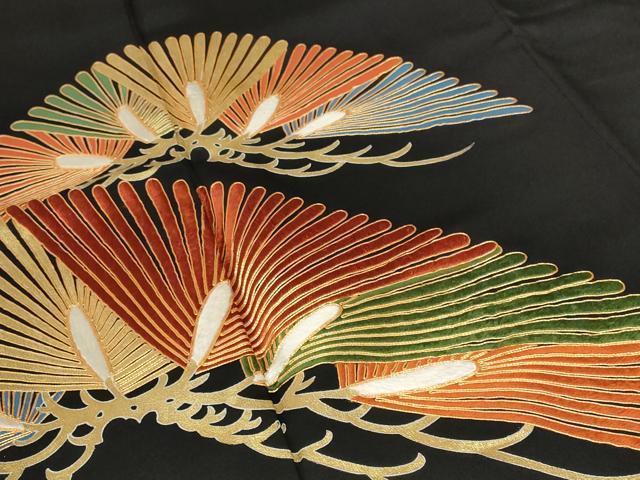 平和屋着物■豪華黒留袖　駒刺繍　枝松文　金彩　鬼しぼ縮緬　正絹　逸品　AABC2887st