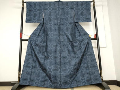 平和屋着物■お召　幾何学文様　正絹　逸品　AABC2932st