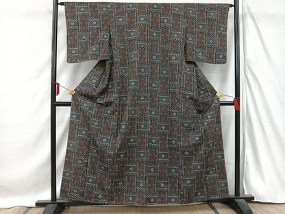 平和屋着物■上質な紬　竹花格子　正絹　逸品　AABC3036uw