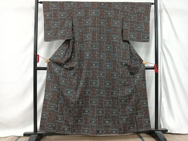 平和屋着物■上質な紬　竹花格子　正絹　逸品　AABC3036uw