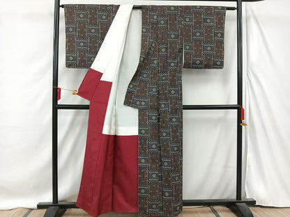 平和屋着物■上質な紬　竹花格子　正絹　逸品　AABC3036uw