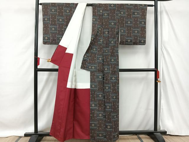 平和屋着物■上質な紬　竹花格子　正絹　逸品　AABC3036uw
