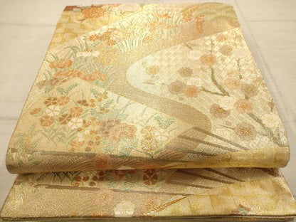 平和屋着物◎佐賀錦　六通柄袋帯　扇面花文　金糸　正絹　逸品　AABC3053dt