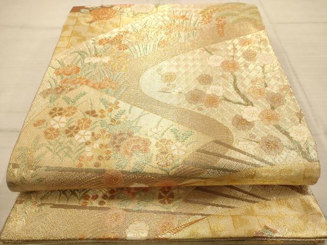 平和屋着物◎佐賀錦　六通柄袋帯　扇面花文　金糸　正絹　逸品　AABC3053dt