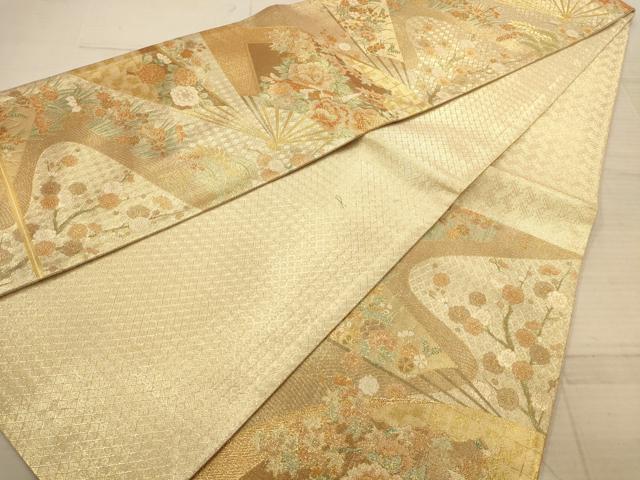 平和屋着物◎佐賀錦　六通柄袋帯　扇面花文　金糸　正絹　逸品　AABC3053dt