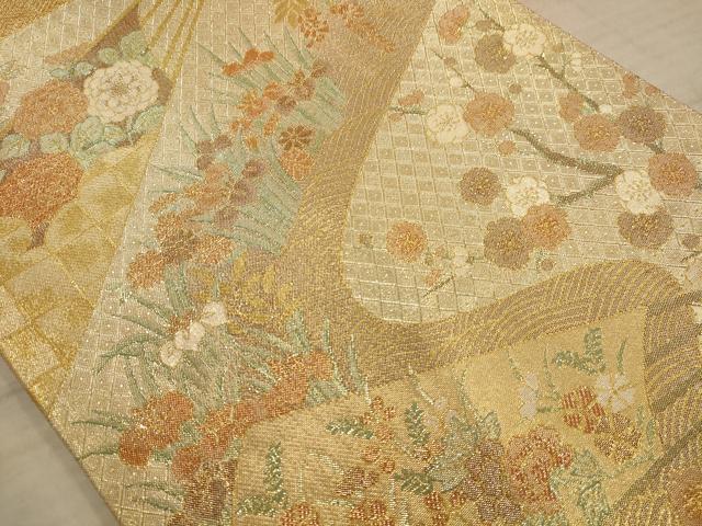 平和屋着物◎佐賀錦　六通柄袋帯　扇面花文　金糸　正絹　逸品　AABC3053dt