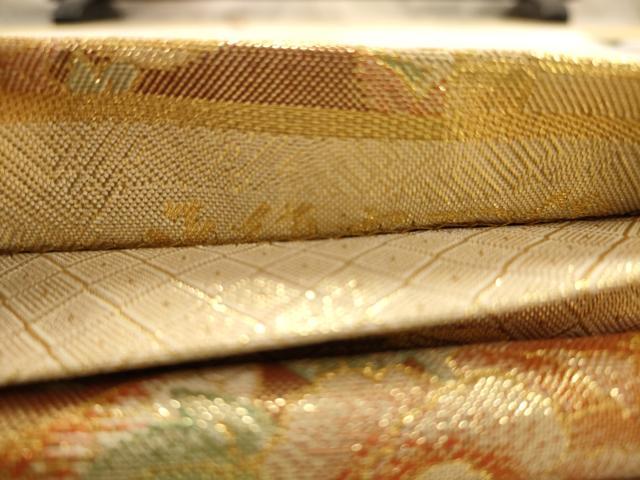 平和屋着物◎佐賀錦　六通柄袋帯　扇面花文　金糸　正絹　逸品　AABC3053dt