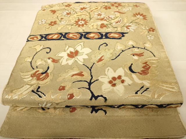 平和屋着物◎六通柄袋帯　更紗花鳥文　金糸　正絹　逸品　AABC3055dt
