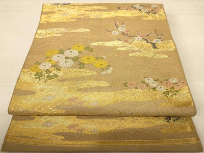 平和屋着物◎六通柄袋帯　唐織　流水花文　金糸　正絹　逸品　AABC3062dt
