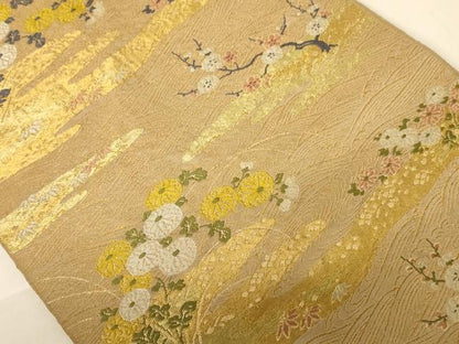 平和屋着物◎六通柄袋帯　唐織　流水花文　金糸　正絹　逸品　AABC3062dt