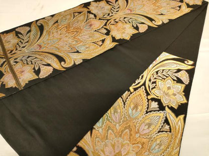 平和屋着物◎六通柄袋帯　更紗花文　黒地　金銀糸　正絹　逸品　AABC3067dt
