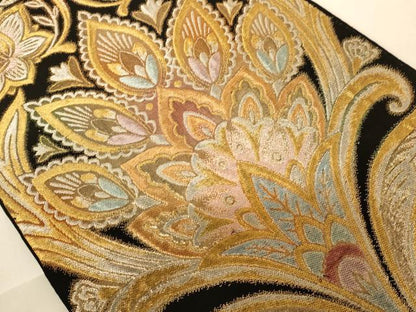 平和屋着物◎六通柄袋帯　更紗花文　黒地　金銀糸　正絹　逸品　AABC3067dt