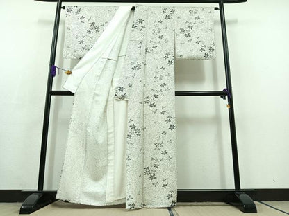 平和屋着物▽上質な小紋　単衣　舞花文　正絹　逸品　AABC3162jh