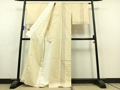 平和屋着物▽訪問着　単衣　紬地　縞　正絹　逸品　AABC3164jh