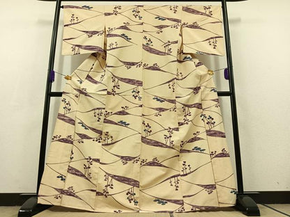 平和屋着物▽上質な紬　単衣　風景文　正絹　逸品　AABC3169jh