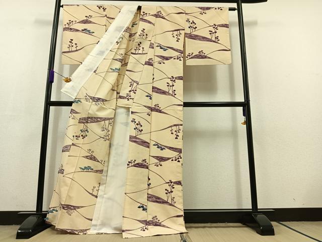 平和屋着物▽上質な紬　単衣　風景文　正絹　逸品　AABC3169jh