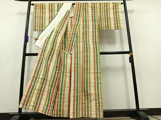 平和屋着物▽上質な紬 単衣 縞 正絹 逸品 AABC3172jh
