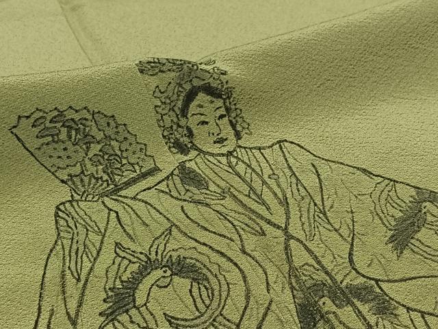 平和屋着物▽訪問着　単衣　手描き　人物文　正絹　逸品　AABC3177jh