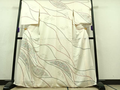 平和屋着物▽訪問着 単衣 手描き 草花文 正絹 逸品 AABC3178jh