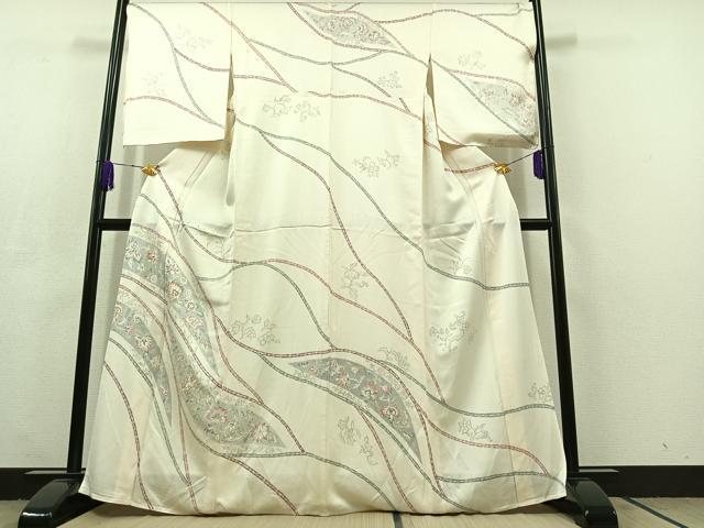 平和屋着物▽訪問着 単衣 手描き 草花文 正絹 逸品 AABC3178jh
