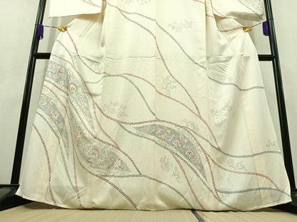 平和屋着物▽訪問着 単衣 手描き 草花文 正絹 逸品 AABC3178jh