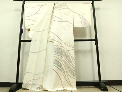平和屋着物▽訪問着 単衣 手描き 草花文 正絹 逸品 AABC3178jh