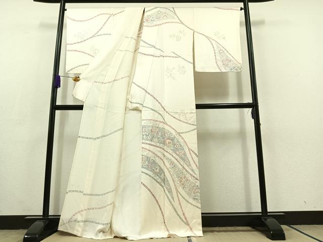 平和屋着物▽訪問着 単衣 手描き 草花文 正絹 逸品 AABC3178jh