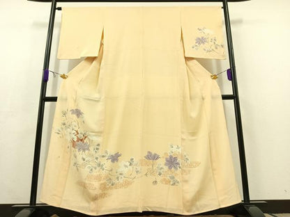 平和屋着物▽訪問着　単衣　草花文　正絹　逸品　AABC3184jh
