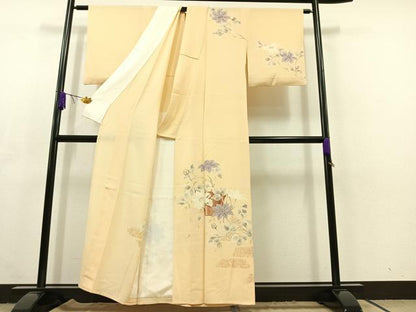 平和屋着物▽訪問着　単衣　草花文　正絹　逸品　AABC3184jh