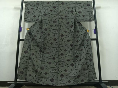 平和屋着物▽上質な紬 単衣 草花文 黒地 正絹 逸品 AABC3192jh