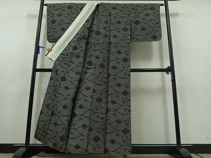 平和屋着物▽上質な紬 単衣 草花文 黒地 正絹 逸品 AABC3192jh