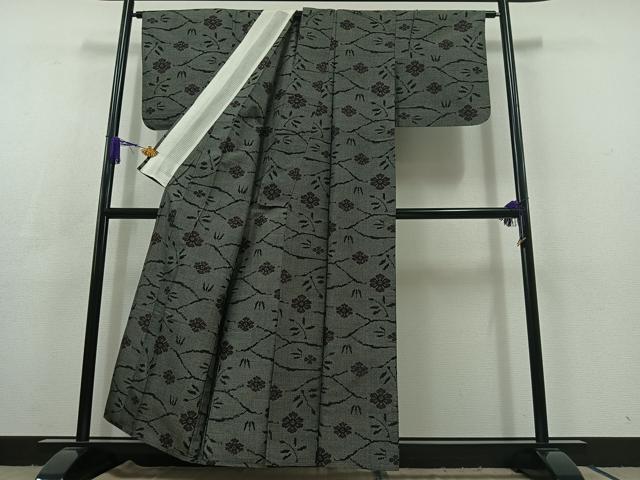 平和屋着物▽上質な紬 単衣 草花文 黒地 正絹 逸品 AABC3192jh