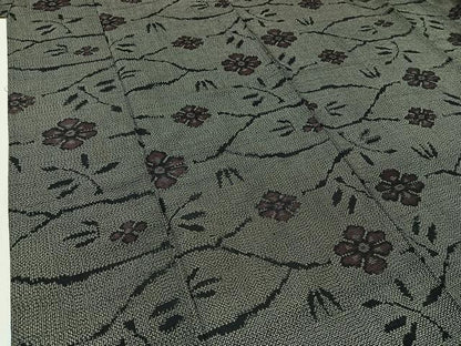 平和屋着物▽上質な紬 単衣 草花文 黒地 正絹 逸品 AABC3192jh