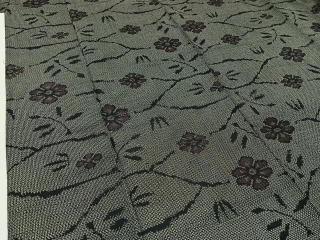 平和屋着物▽上質な紬 単衣 草花文 黒地 正絹 逸品 AABC3192jh