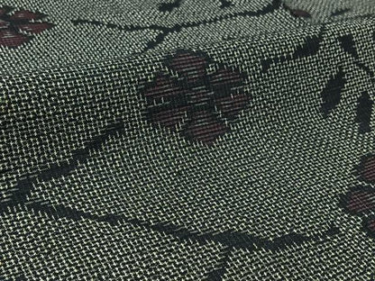 平和屋着物▽上質な紬 単衣 草花文 黒地 正絹 逸品 AABC3192jh